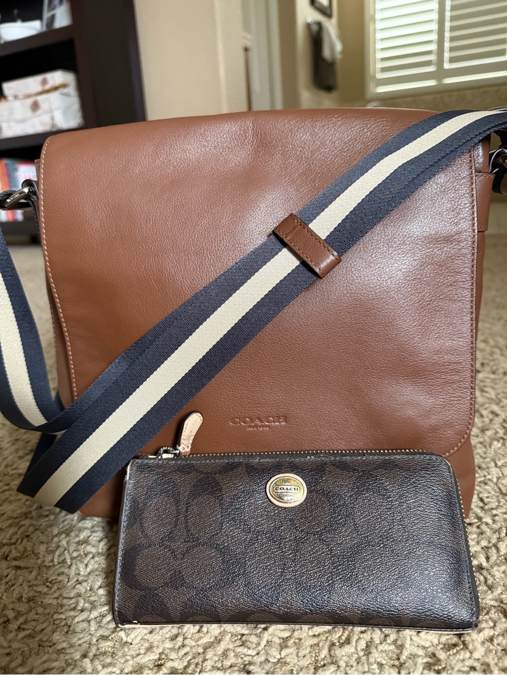 Coach Men's Chestnut Brown Leather Messenger Bag with Wallet